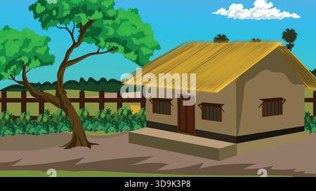Indian Village House Landscape Illustration Stock Vektor