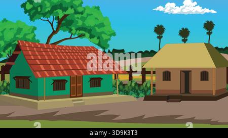 Indian Village House Landscape Illustration Stock Vektor