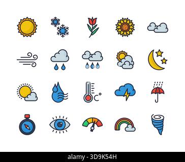 Ein modernes 2D-Vektor-Wettersymbol-Paket mit klaren, einfachen Illustrationen von Sonne, Wolken, Regen und Schnee Stock Vektor