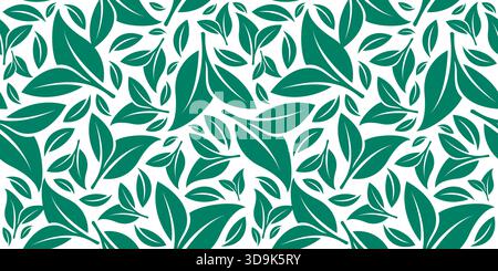 Abstraktes grünes, nahtloses Muster. Handgezeichnetes Teeblatt-Design für Stoff, Druck, Cover, Banner und Einladung. Stock Vektor