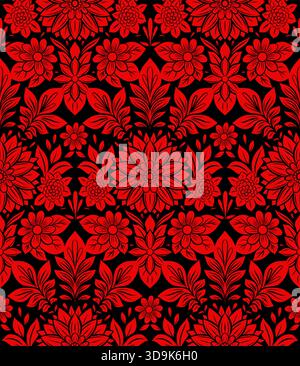 Vektor-Gothic nahtloses Muster mit dekorativen roten Blumen und Blättern auf schwarzem Hintergrund. Detailgetreue Blumendekoration für Tapeten, Textilien und Stock Vektor