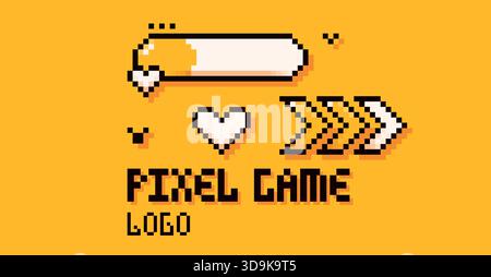 Pixelgelber Ladebalken, Pfeil, Logo, Herz. Stock Vektor