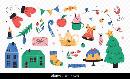 Gemütliches handgezeichnetes flaches Weihnachtsset Stock Vektor