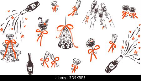 Frohe Weihnachten und ein glückliches Neujahrsfest mit Champagner-Disco-Party. Die Leute heben die Hände mit einem Festtoast mit Sektgläsern. Mädchenhaft Stock Vektor