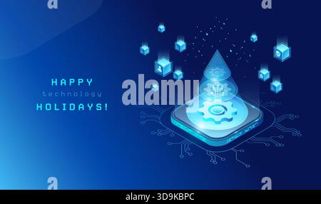 Christmas Technology Concept Isometrischer Hintergrund - digitaler Weihnachtsbaum verbunden mit einer Plattform und Leiterplattenstruktur - Happy Holidays Text an Stock Vektor