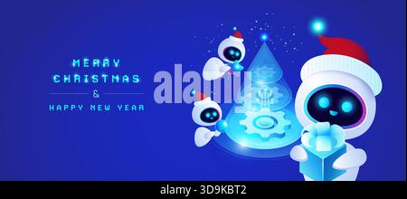 Weihnachts-Technologie-Banner mit niedlichen KI-Agenten und festlichem digitalen Weihnachtsbaum, Text Frohe Weihnachten und Happy New Year - kreative Idee Vektor krank Stock Vektor