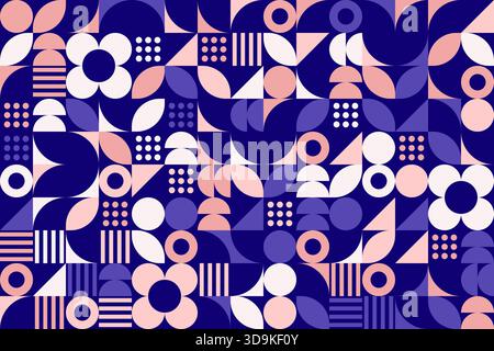 Abstrakter geometrischer Hintergrund, Brutalismus bauhausstil Elemente in zufälliger Reihenfolge, verschiedene Farben, nahtloser Vektor Geo bg Muster, einfache flache Geometrien Stock Vektor