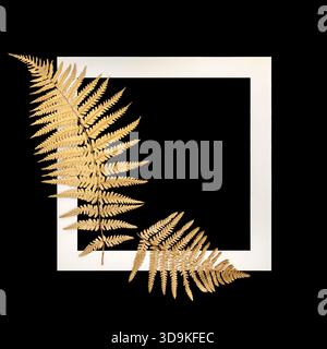 Goldene Farnblattfronten isoliert auf schwarzem Hintergrund mit weißem Rahmen. Naturdesign-Symbol für dekorative Zwecke, Logo, Grußkarte. Stockfoto