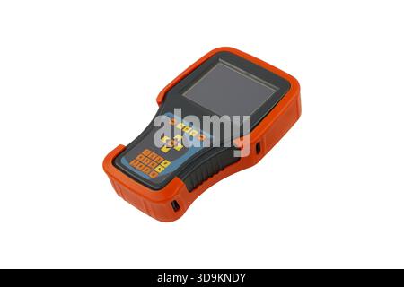 Ein rotes und schwarzes elektronisches Handgerät mit einem LCD-Display und Zifferntasten auf weißem Hintergrund. Stockfoto