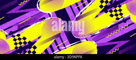 Abstrakter Hintergrund im Pop Art Style der 80er Jahre mit kräftigen gelben Linien und Halbtonformen Stock Vektor