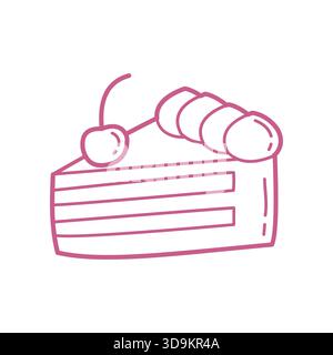Niedliches handgezeichnetes Kuchenschnitzel-Doodle-Symbol mit Kirsche im Minimal Line Art-Stil Stock Vektor