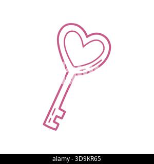 Handgezeichnetes Herzschlüssel-Doodle-Symbol im niedlichen Minimal Line Art-Stil Stock Vektor