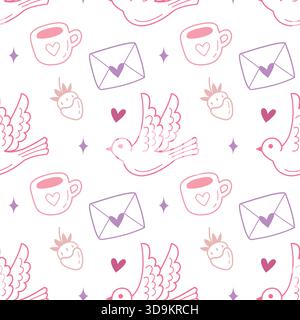 Nahtloses süßes Love Doodle-Muster mit Vögeln, Bechern, Erdbeeren und Buchstaben Stock Vektor