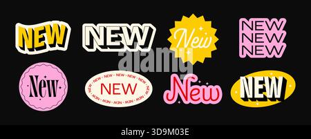 Set mit NEUEN, farbenfrohen Aufkleberetiketten im Retro- und modernen Stil. Vektorabbildung Stock Vektor