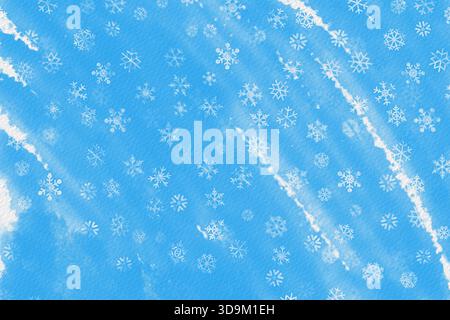 Blauer Aquarellhintergrund mit weißen Schneeflocken und frostigen Texturen, festlicher Wintermotiv Hintergrund Stockfoto