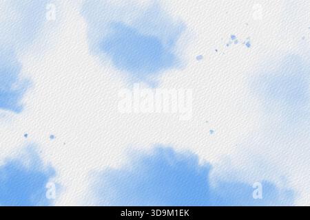Weiche blaue Aquarellwolken und Spritzer auf strukturiertem weißem Papier schaffen einen hellen abstrakten Hintergrund Stockfoto