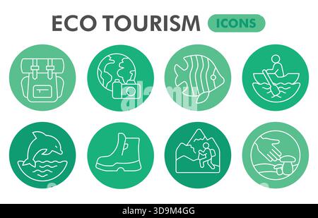 Sammlung oder Skizzen von Symbolen für den Öko-Tourismus, Blase in dünnen Linien für Web und App. Vektorgrafiken isoliert auf weißem Hintergrund Stock Vektor