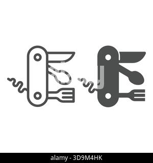 Messer mit Löffel, Gabel und Korkenzieher und solidem Symbol, Ökotourismuskonzept. Vektorgrafiken. Universalmesser, Schild mit Schneidwerkzeug auf weißem Hintergrund, Stock Vektor