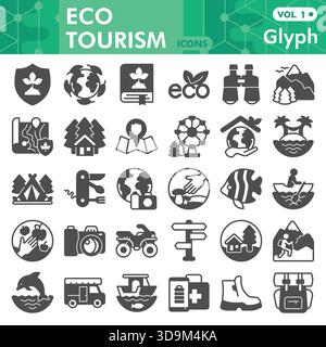 Sammlung oder Skizzen von Symbolen für den Ökotourismus, umweltfreundliche Themenleiste in Glyphe-Stil für Web und App. Vektorgrafiken isoliert auf weißem Hintergrund Stock Vektor