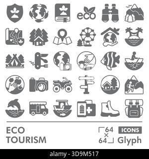 Sammlung oder Skizzen von Symbolen für den Öko-Tourismus, ökologisches Thema in Glyphenzeichen für Web und App. Vektorgrafiken isoliert auf weißem Hintergrund Stock Vektor