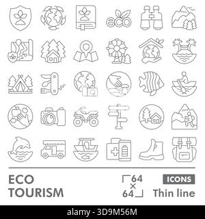 Sammlung oder Skizzen von Symbolen für den Ökotourismus, umweltfreundliches Design in dünnen Linien für Web und App. Vektorgrafiken isoliert auf weißem Hintergrund Stock Vektor