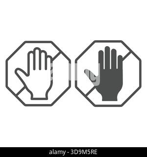 Berühren Sie nicht die Handlinie und das Symbol des Stadtmuseums. Vektorgrafiken. Menschliche Handpalme überkreuzt, verbotenes Zeichen auf weißem Hintergrund, Umriss styl Stock Vektor