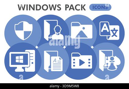 Windows-Systemsammlungen oder -Skizzen: Windows verpackt Themenblasen in Glyphenzeichen für Web und App. Vektorgrafiken isoliert auf weißem Hintergrund Stock Vektor