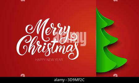 Festliche Grußkarte „Frohe Weihnachten und Happy New Year“ mit einem modernen, papiergeschnittenen Weihnachtsbaum. Vektorabbildung Stock Vektor