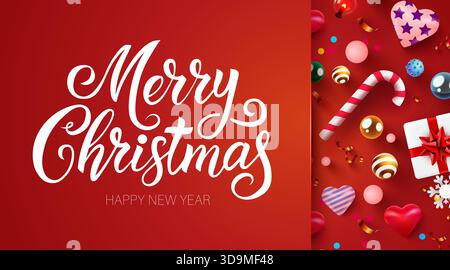 Frohe Weihnachten und Happy New Year-Karte. Festlicher roter Hintergrund mit handgeschriebenem Text, verschiedene Dekorationen. Vektorabbildung. Stock Vektor