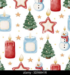 Ein nahtloses Muster mit Weihnachtskerzen in Form von Weihnachtsbäumen, Schneemännern und Sternen im sanften Aquarellstil. Perfekt zum Einwickeln Stockfoto