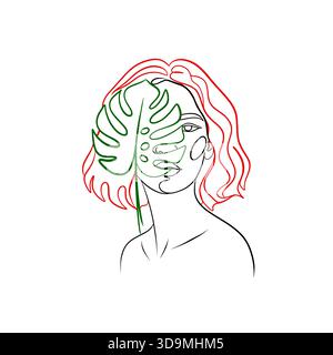 Minimalistische, durchgehende, einzeilige Illustration einer Frau mit Monstera-Blatt, modernes botanisches Porträt im eleganten Linienart-Stil. Stockfoto