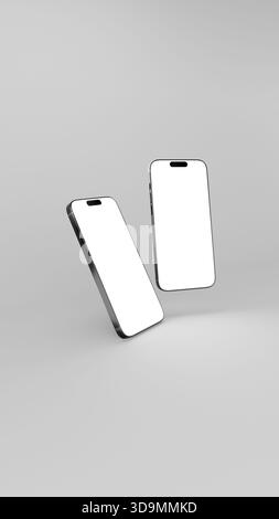 Zwei Mobiltelefone mit leerem Bildschirm auf hellgrauem Hintergrund. Leeres Display für Modell. 3D-Rendering mit hoher Auflösung 8K Stockfoto