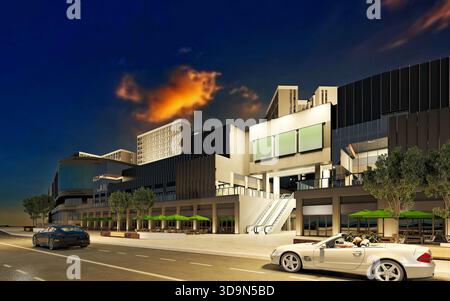 3D-Gebäude in der Stadt bei Nacht Stockfoto