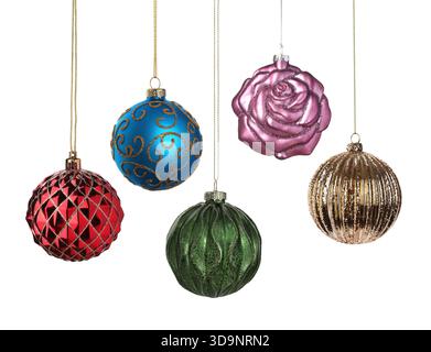 Weihnachtskugeln isoliert auf weiß, Sammlung. Festliche Ornamente Stockfoto