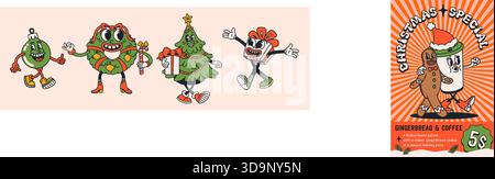 Grooviges Retro-Zeichentrickfiguren-Set mit Tannenbaum, Kranz, Geschenk und Kugel. Weihnachtliche Elemente im trendigen, groovigen Stil. Ideal für Poster Stock Vektor