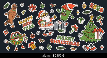 Grooviger Retro-Cartoon-Aufkleber mit Weihnachtsmann, Baum, Kranz, Geschenken und 2026-Schriftzug auf dunklem Hintergrund. Elemente für Weihnachtsaufkleber in Stock Vektor