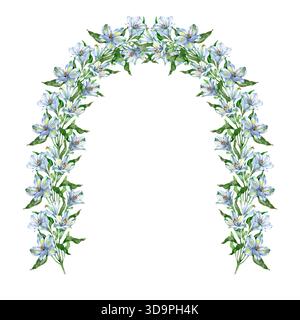 Blumenbogen in Aquarellfarben aus zarter weißer Alstroemeria und grünen Blättern. Ein schönes dekoratives Element, ideal für Hochzeitseinladungen und Rahmen Stockfoto