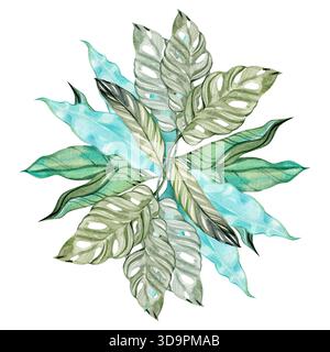 Tropische Blätter in Wasserfarben mit Monstera, calathea und abstraktem Laub in sanften Grün- und Türkistönen. Perfekt für Botanik Stockfoto