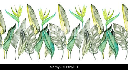 Aquarellrand mit sanften grünen und gelben tropischen Blättern. Elegantes botanisches Arrangement, ideal für Hochzeit Schreibwaren, Verpackungen und Branding Stockfoto