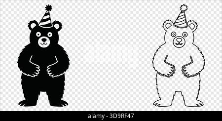 Bär trägt Partyhut Silhouette und Linienkunst, Vektor-Illustration Stock Vektor