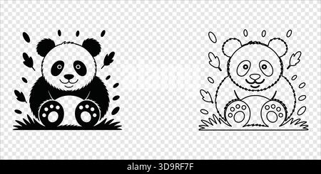 Niedliches Panda sitzende Silhouette und Umrisspaar, Vektor-Illustration Stock Vektor