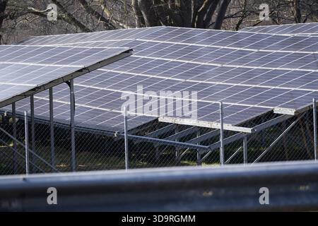 Ein Metallzaun vor einem bodenmontierten Solarpanel und fünf Solarpaneele fehlen mit Bäumen im Hintergrund unter klarem Himmel in einer ruhigen Umgebung Stockfoto