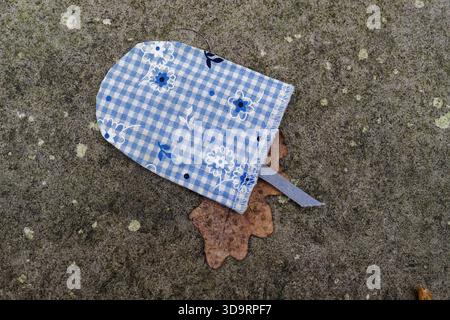 Ein Ofenhandschuh mit blauen Karos und kleinen Blumen liegt auf dem Boden, Ahornblätter umgeben ihn in feiner Herbstfarbe, ein trockenes Eichenblatt versteckt sich unter dem fa Stockfoto