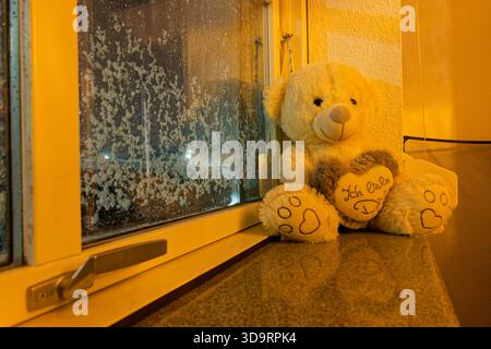 Ein weißer Plüschbär sitzt auf der Schwelle und hält ein graues Herz, auf dem steht: Ich liebe dich. Draußen am Abend klebt Schnee an der Plastikscheibe, die Straßenlaternen leuchten Stockfoto