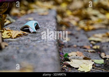 Auf einer abgenutzten Stufe im Freien liegt ein kleiner Scherben Glas oder Keramik zwischen gelbem Ahorn und Eichenlaub. Trockene Formen verstreuen sich um den Stein, ein sanfter Herbst Stockfoto