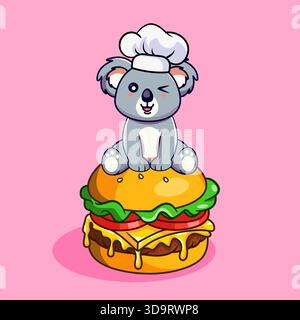 Niedlicher Koala Koch sitzt auf einem köstlichen Burger Vektor Illustration Cartoon Design Kawaii Stock Vektor