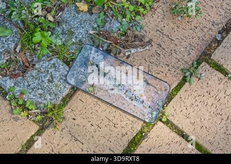 Ein kaputtes Smartphone-Display-Glas, das auf einer gepflasterten Oberfläche liegt und teilweise in Seifenwasser getaucht ist. Um das Telefon herum sind kleine Flecken von Gras und W Stockfoto