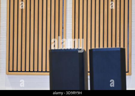 Zwei schwarze Lautsprecher im Vordergrund mit hölzernen Akustikplatten im Hintergrund mit vertikalen Streifen. Die Einstellung schlägt ein Musikstudio oder vor Stockfoto