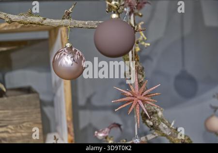 Weihnachtsschmuck hängt an einem Zweig, darunter eine braune Kugel und eine sternförmige Dekoration. Stockfoto