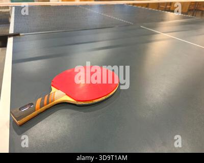 Eine Nahaufnahme eines roten Tischtennispaddels auf einer grünen Tischtennisplatte mit einem Netz im Hintergrund. Stockfoto